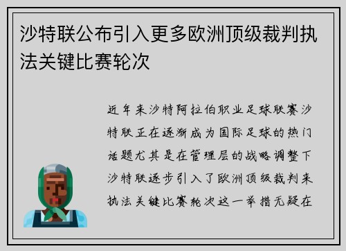 沙特联公布引入更多欧洲顶级裁判执法关键比赛轮次