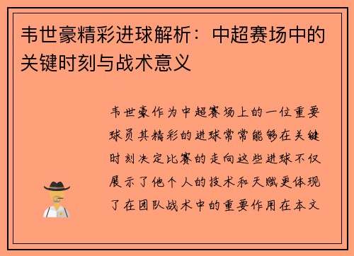 韦世豪精彩进球解析：中超赛场中的关键时刻与战术意义