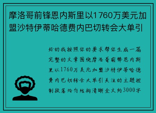 摩洛哥前锋恩内斯里以1760万美元加盟沙特伊蒂哈德费内巴切转会大单引关注