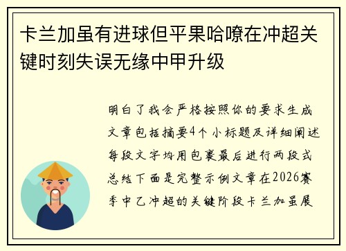 卡兰加虽有进球但平果哈嘹在冲超关键时刻失误无缘中甲升级