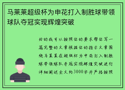 马莱莱超级杯为申花打入制胜球带领球队夺冠实现辉煌突破