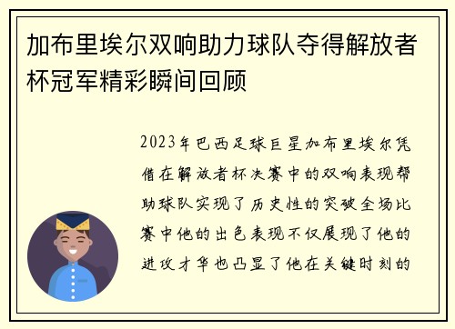 加布里埃尔双响助力球队夺得解放者杯冠军精彩瞬间回顾