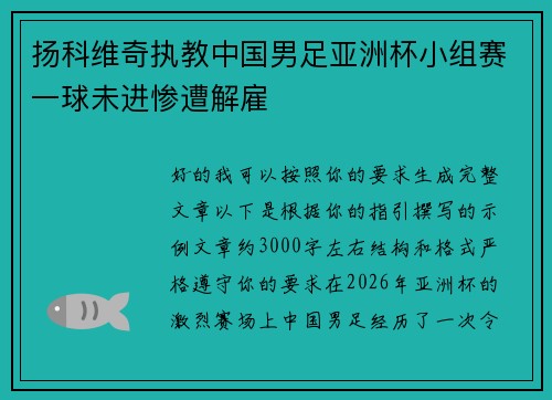 扬科维奇执教中国男足亚洲杯小组赛一球未进惨遭解雇